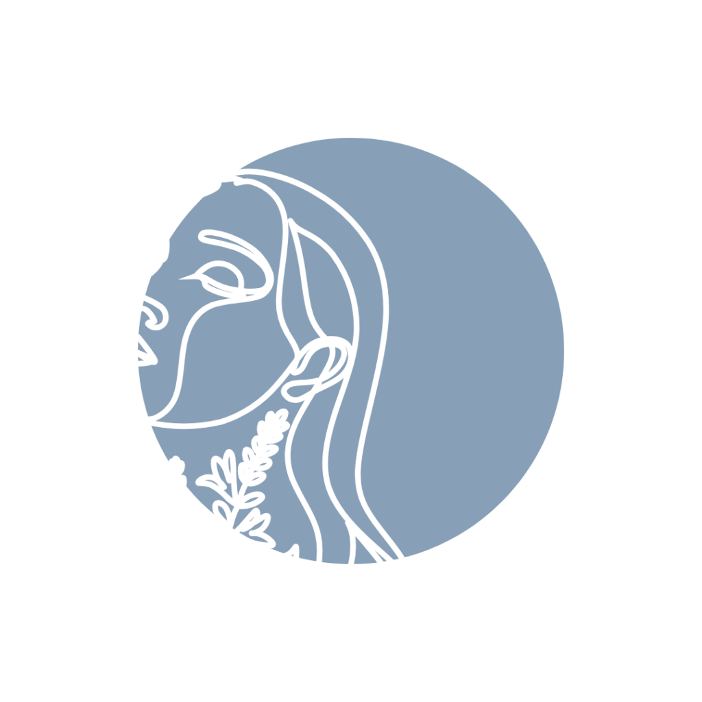 ilustracja liniowa przedstawiająca profil kobiety z motylem na głowie i roślinnymi elementami