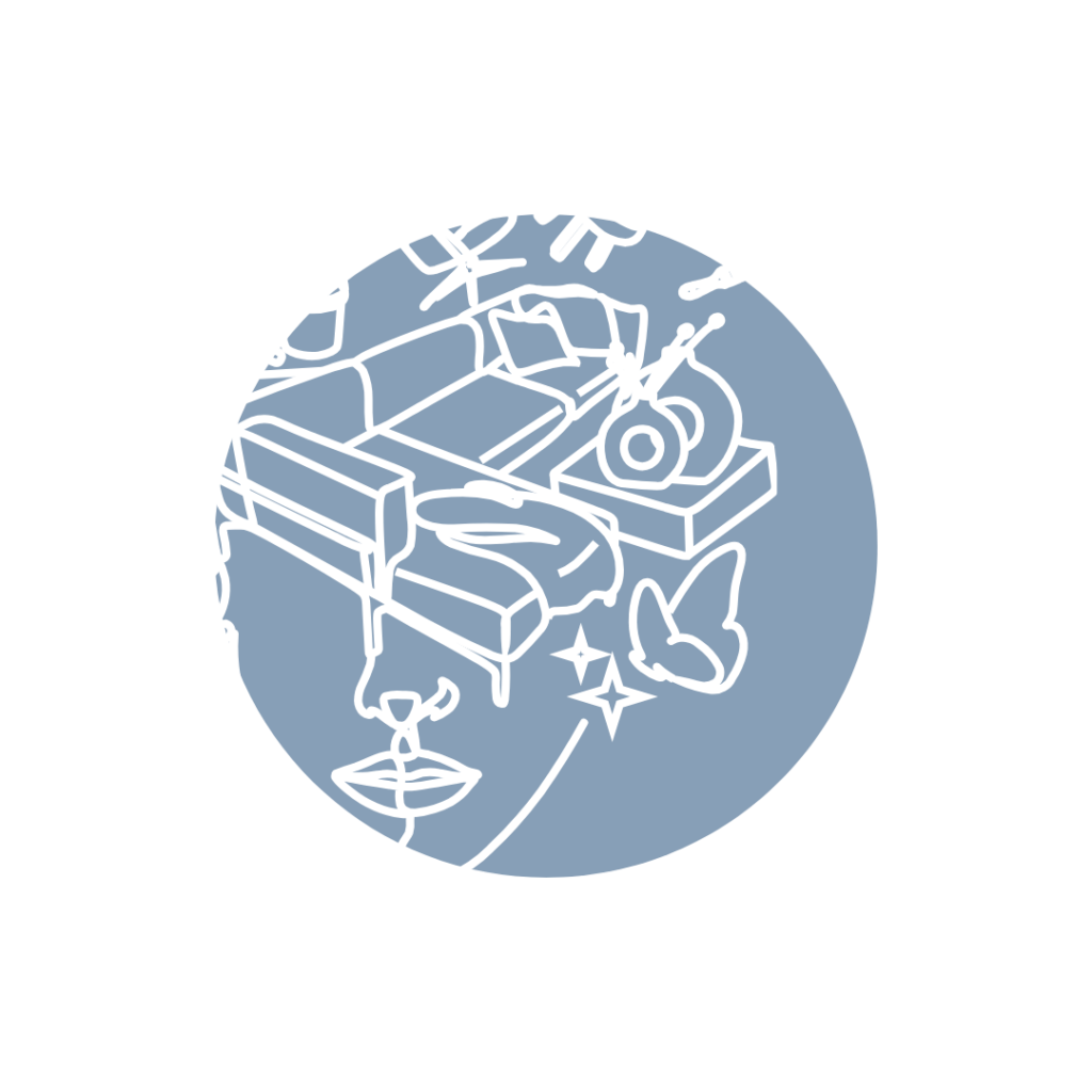 ilustracja liniowa przedstawiająca twarz kobiety, nad którą unoszą się elementy wyposażenia wnętrza